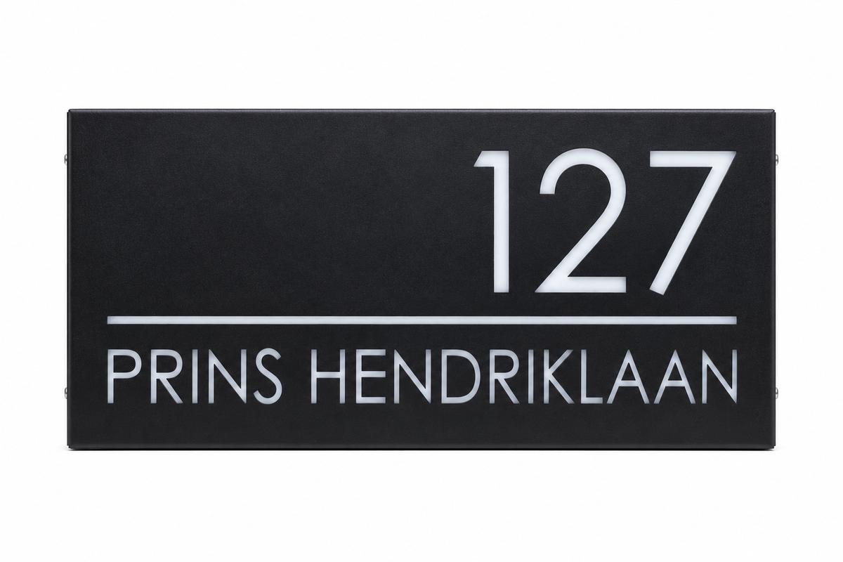 LumiSign Horizon zwart verlicht huisnummerbord 127 Prins Hendriklaan