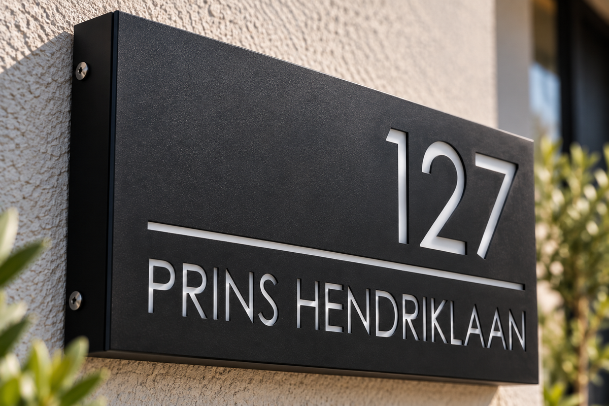 Detail van zwart LumiSign Horizon huisnummerbord met matte afwerking