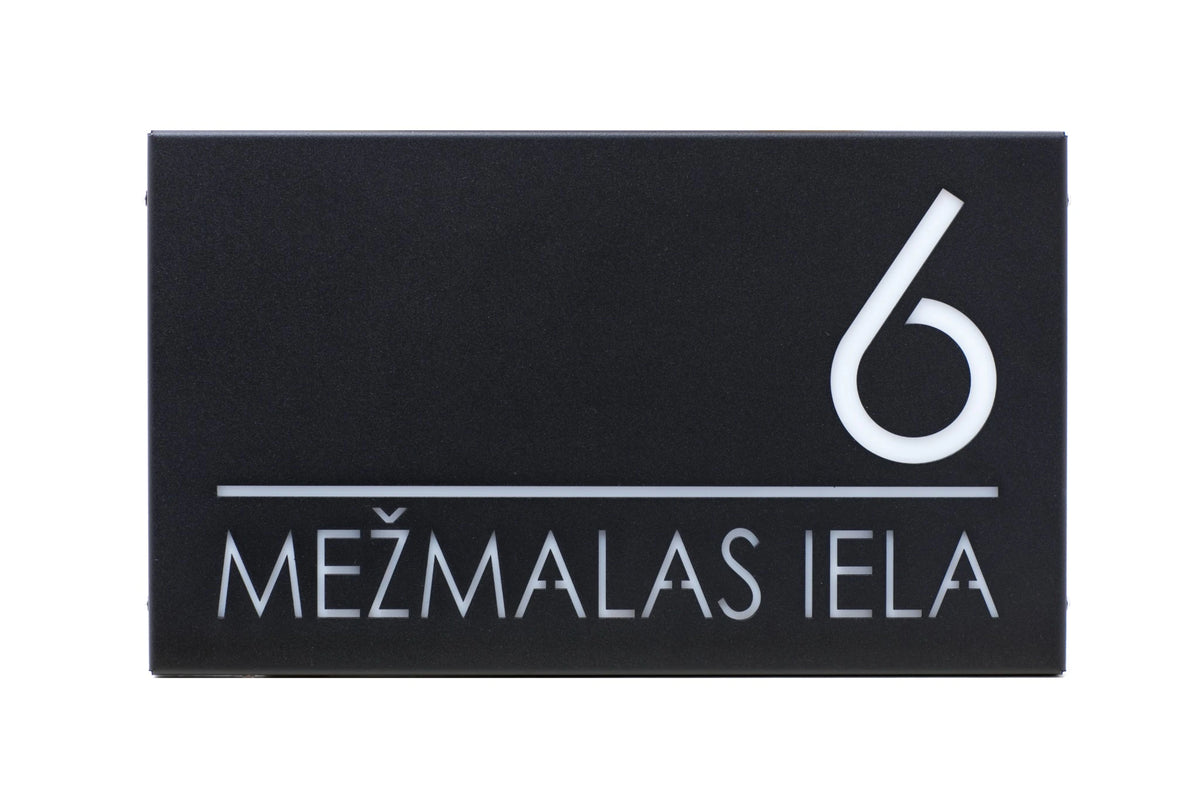 Front view of a black horizontal LumiSign Horizon against a white background, showing number 6, a horizontal divider and MEŽMALAS IELA lettering.