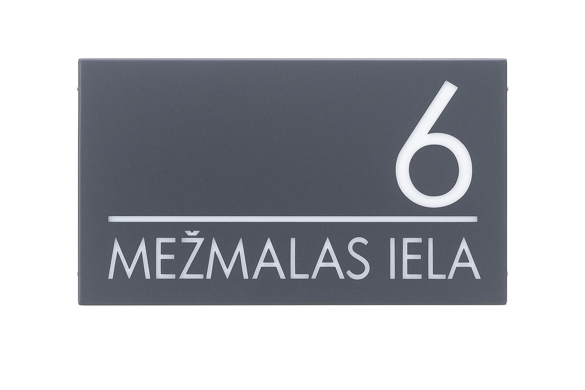 Front view of a graphite horizontal LumiSign Horizon against white, with number 6 above a divider and MEŽMALAS IELA lettering below.