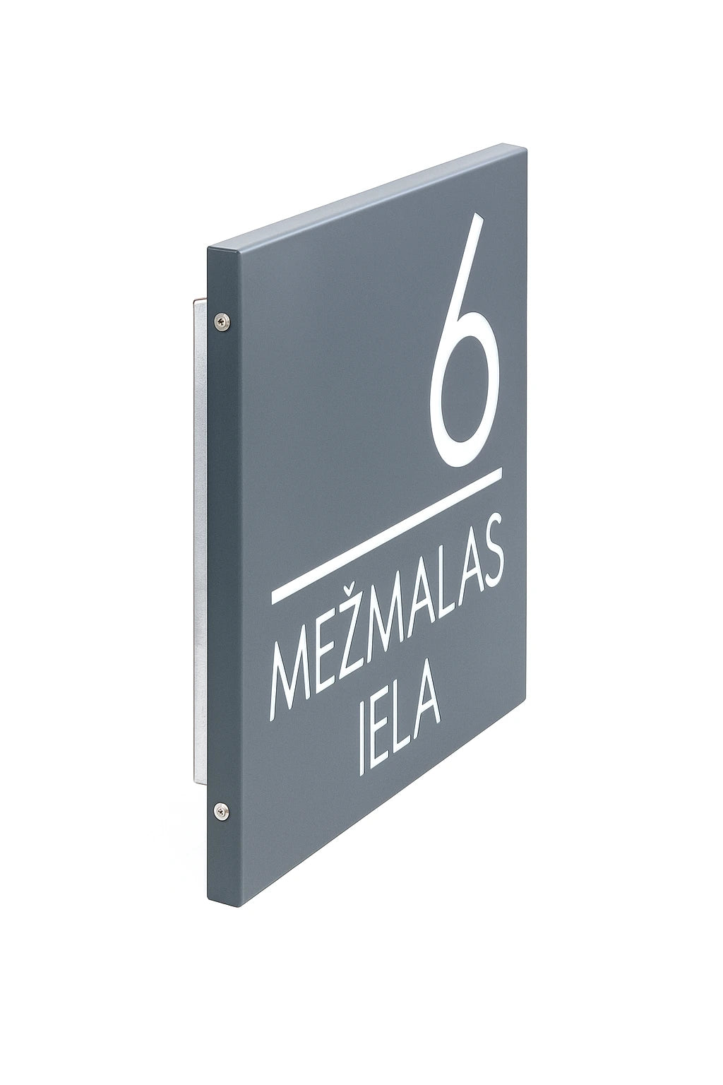 Angled profile of a graphite horizontal LumiSign Horizon against white, showing number 6, street lettering and the side edge of the enclosure.